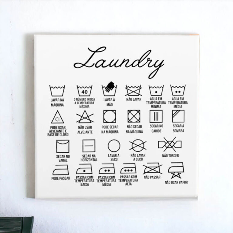 Azulejo decorativo para lavanderia Laundry com símbolos e definições - Coleção Lavanderia P&B.