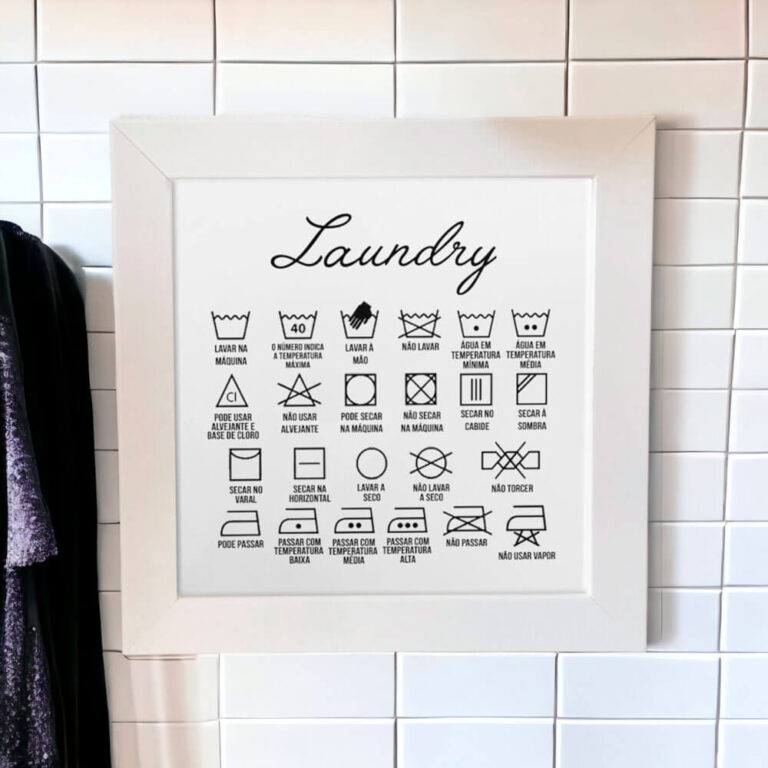 Azulejo decorativo para lavanderia Laundry com símbolos e definições - Coleção Lavanderia P&B.