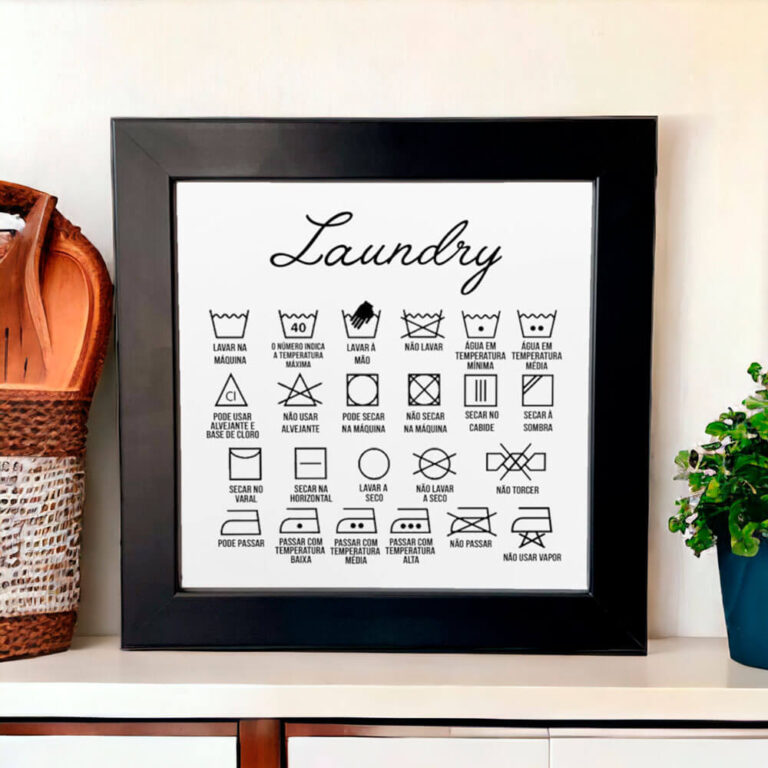 Azulejo decorativo para lavanderia com a frase Laundry com símbolos e ícones