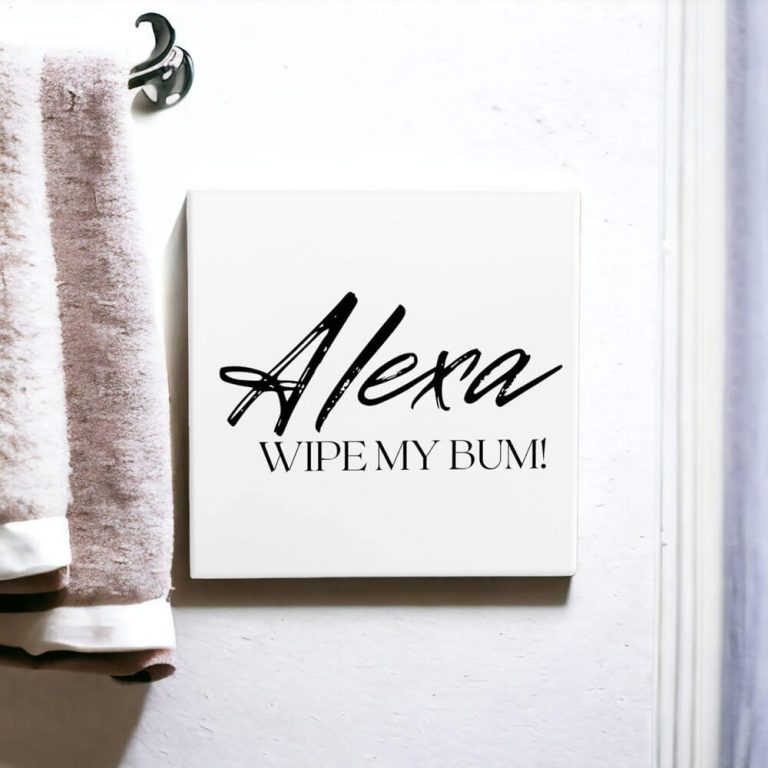 Azulejo decorativo para banheiro com a frase Alexa, wipe my bum - Meu banheiro P&B