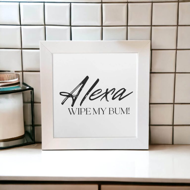 Azulejo decorativo para banheiro com a frase Alexa, wipe my bum - Meu banheiro P&B