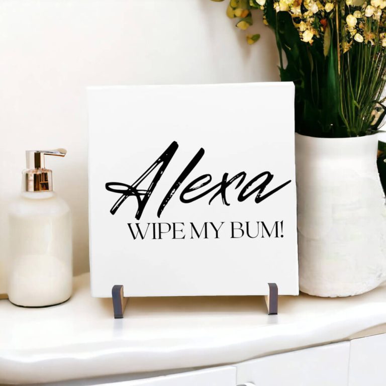 Azulejo decorativo para banheiro com a frase Alexa, wipe my bum - Meu banheiro P&B