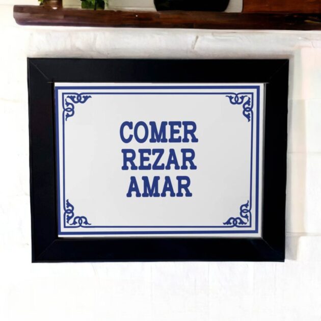 Azulejo decorativo com frase Comer Rezar Amar Coleção Portugal Azulejo Português