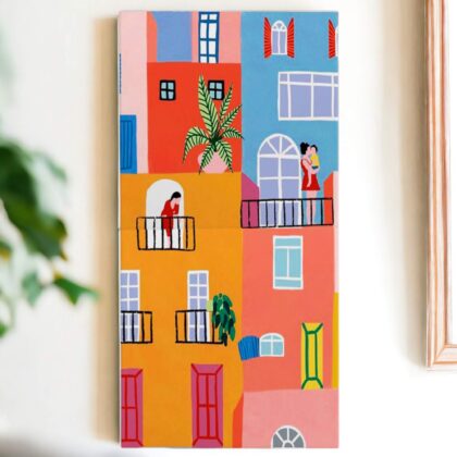 Dupla de azulejos decorativo: A felicidade é aqui com prédios laranja, azul e vermelho – Coleção Poesia na Janela