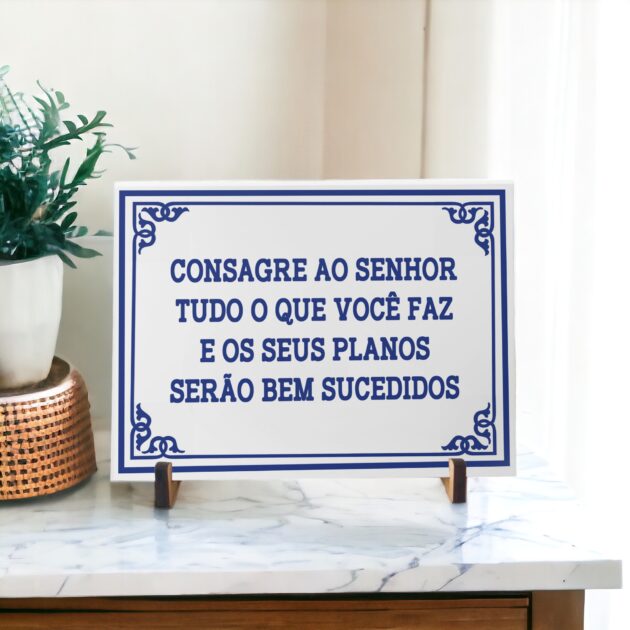 Azulejo decorativo para cozinha com a frase Consagre ao Senhor tudo o que você faz e os seus planos serão bem sucedidos  - Coleção Portugal Azulejo Português