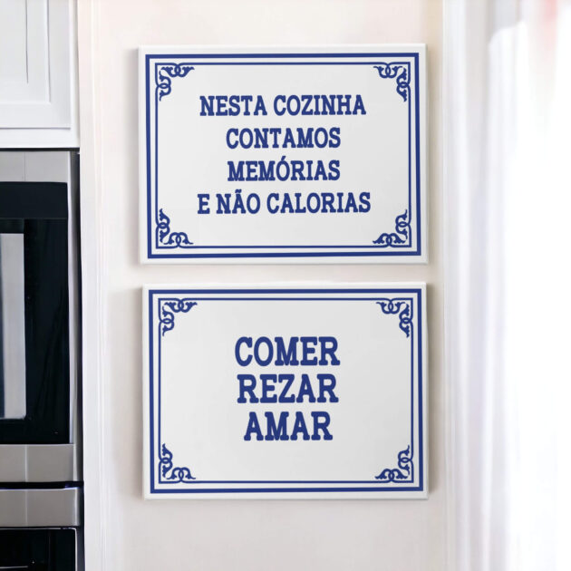 Conjunto de azulejos decorativos para cozinha com Nesta cozinha contamos memórias e não calorias e Comer Rezar e Amar - Coleção Portugal Azulejo Português