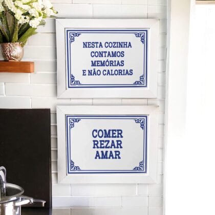 Conjunto de azulejos decorativos para cozinha com Nesta cozinha contamos memórias e não calorias e Comer Rezar e Amar - Coleção Portugal Azulejo Português