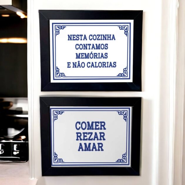 Conjunto de azulejos decorativos para cozinha com Nesta cozinha contamos memórias e não calorias e Comer Rezar e Amar - Coleção Portugal Azulejo Português