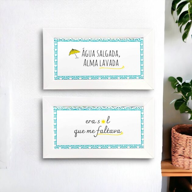 Conjunto de dois azulejos decorativos com as frases Água salgada, alma lavada e Era Sol que me faltava - Coleção Encantos do Oceano