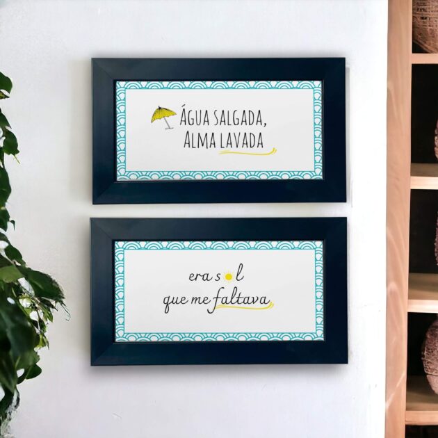 Conjunto de dois azulejos decorativos com as frases Água salgada, alma lavada e Era Sol que me faltava - Coleção Encantos do Oceano