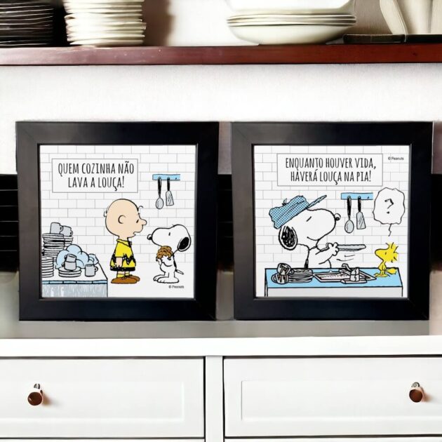 Conjunto de dois azulejos decorativos do Snoopy para cozinha Quem cozinha não lava a louça e Enquanto houver vida haverá louça na pia