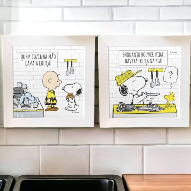 Conjunto de dois azulejos decorativos do Snoopy para cozinha Quem cozinha não lava a louça e Enquanto houver vida haverá louça na pia