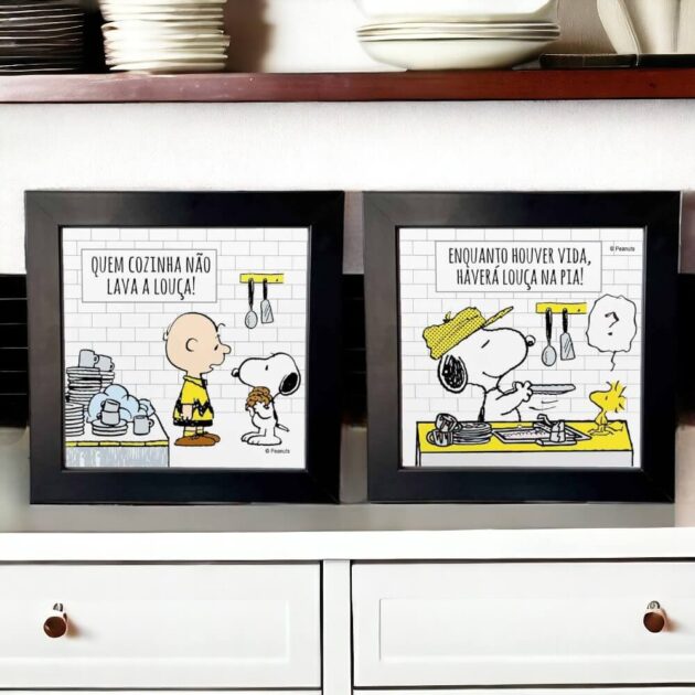 Conjunto de dois azulejos decorativos do Snoopy para cozinha Quem cozinha não lava a louça e Enquanto houver vida haverá louça na pia