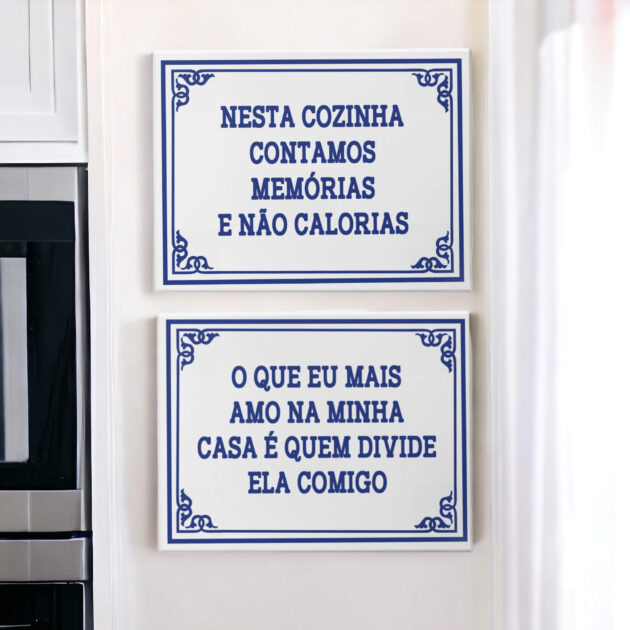 Conjunto de azulejos decorativos para cozinha com Nesta cozinha contamos memórias e não calorias e O que eu mais amo na minha casa é quem divide ela comigo - Coleção Portugal