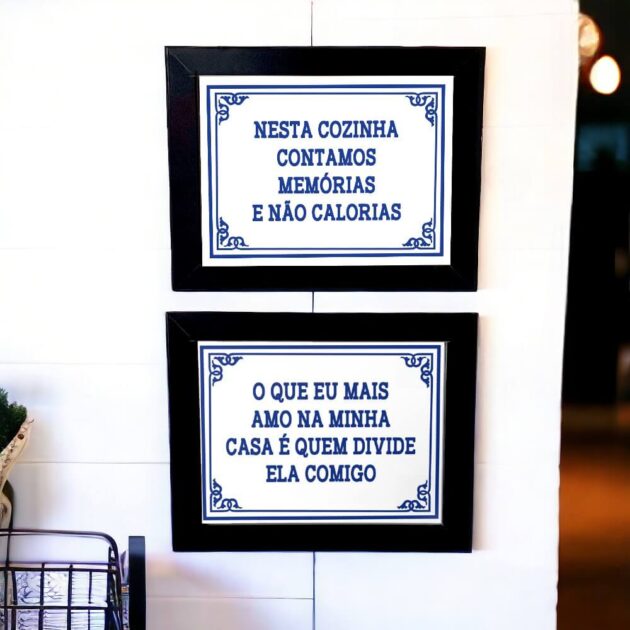 Conjunto de azulejos decorativos para cozinha com Nesta cozinha contamos memórias e não calorias e O que eu mais amo na minha casa é quem divide ela comigo - Coleção Portugal