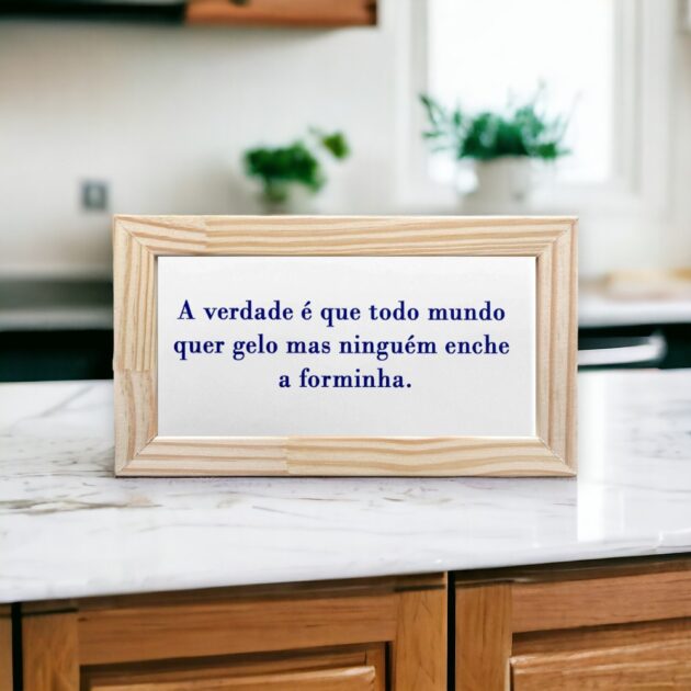 Azulejo decorativo para cozinha com a frase A verdade é que todo mundo quer gelo mas ninguém enche a forminha