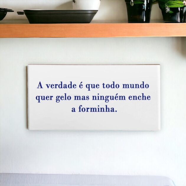 Azulejo decorativo para cozinha com a frase A verdade é que todo mundo quer gelo mas ninguém enche a forminha