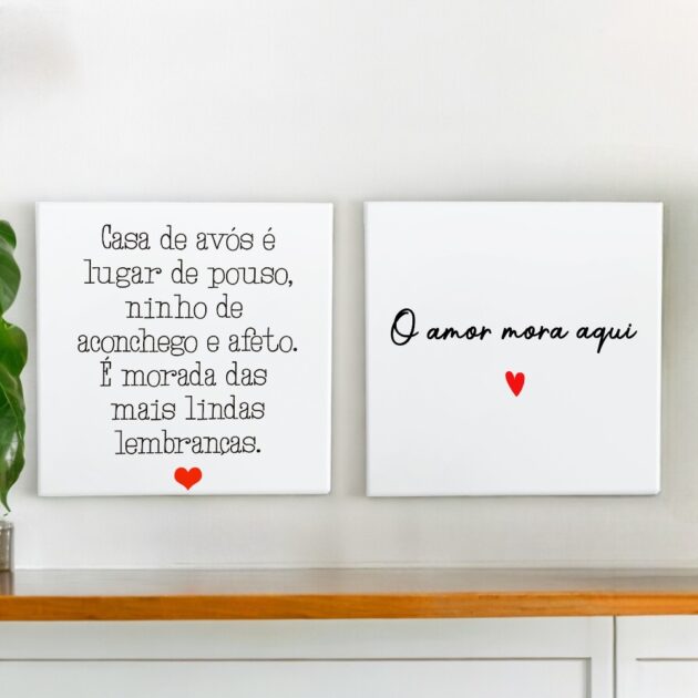 Conjunto de azulejos decorativos com a frase Casa de avós é lugar de pouso + O amor mora aqui - Presente para avós 