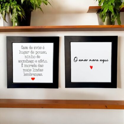 Conjunto de azulejos decorativos com a frase Casa de avós é lugar de pouso + O amor mora aqui - Presente para avós 