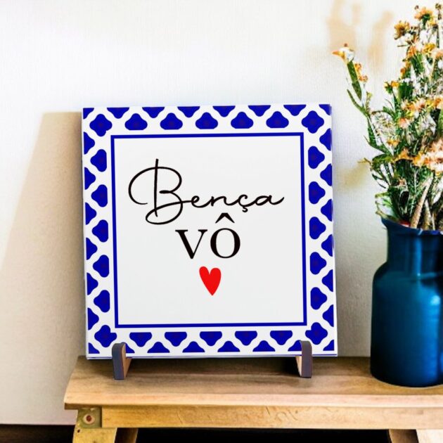 Azulejo decorativo com a frase Bença vô - Com desenho de azulejo Português - Presente para avô