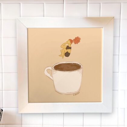 Azulejo decorativo para o cantinho do café com a moça pulando na xícara de café - Coleção Café e Arte