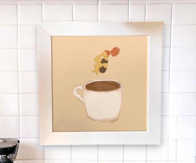 Azulejo decorativo para o cantinho do café com a moça pulando na xícara de café - Coleção Café e Arte