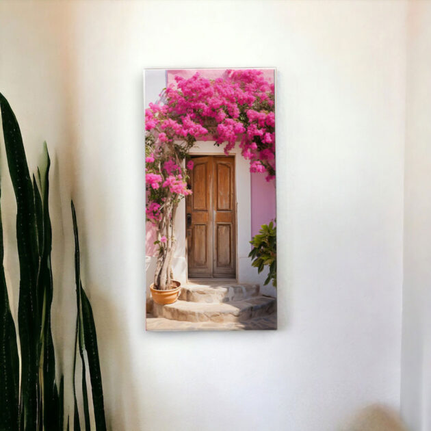 Azulejo decorativo Sonhar com o desenho de uma porta marrom e com flores rosas pink - Coleção Encantos