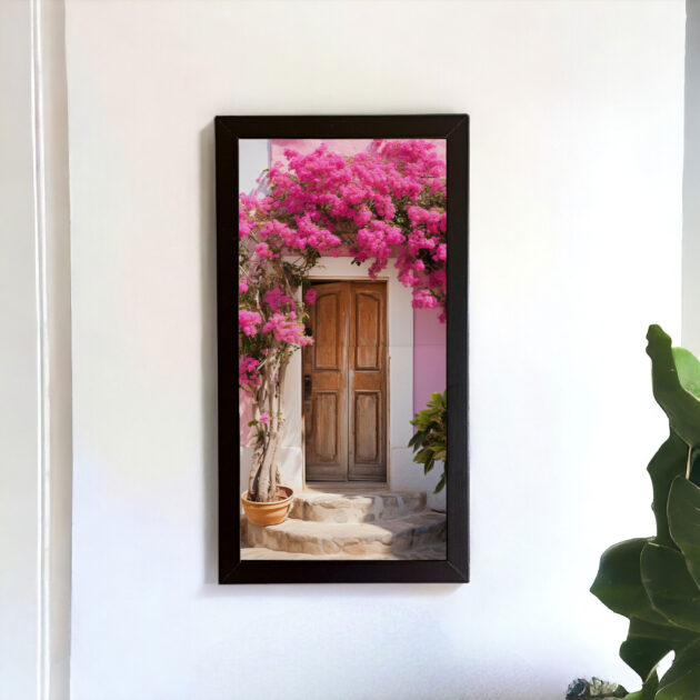 Azulejo decorativo Sonhar com o desenho de uma porta marrom e com flores rosas pink - Coleção Encantos