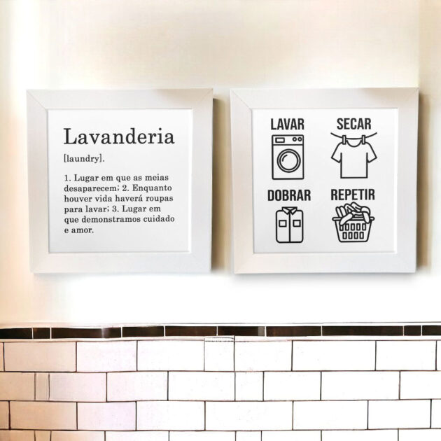 Conjunto de dois azulejos decorativos para a lavanderia Definição de Lavanderia e Lavar, secar, dobrar e repetir - Lavanderia P&B