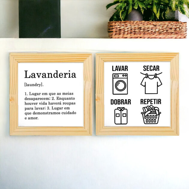 Conjunto de dois azulejos decorativos para a lavanderia Definição de Lavanderia e Lavar, secar, dobrar e repetir - Lavanderia P&B