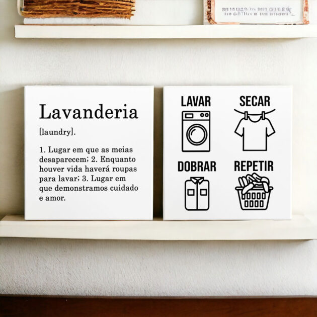 Conjunto de dois azulejos decorativos para a lavanderia Definição de Lavanderia e Lavar, secar, dobrar e repetir - Lavanderia P&B