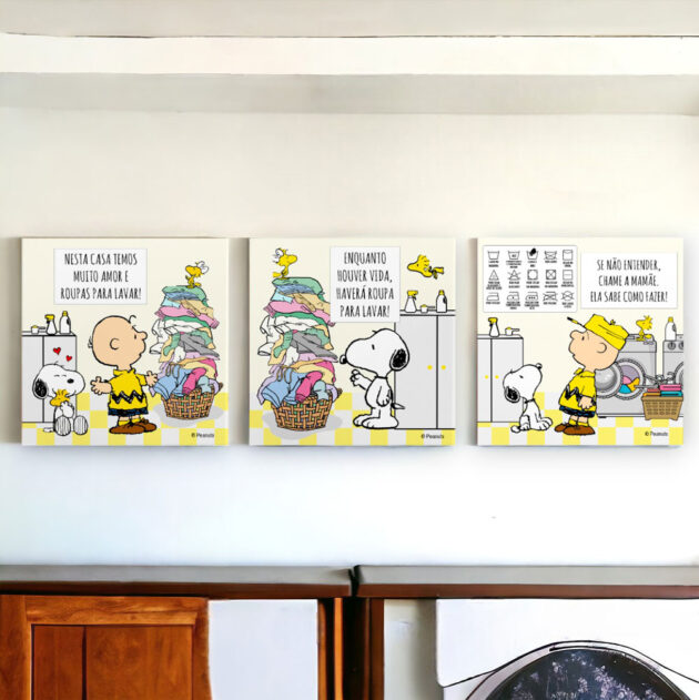 Conjunto de três azulejos decorativos para a lavanderia do Snoopy com o azulejo Nesta casa temos muito amor e roupas para lavar; Enquanto houver vida, haverá roupa para lavar; Se não entender, chame a mamãe