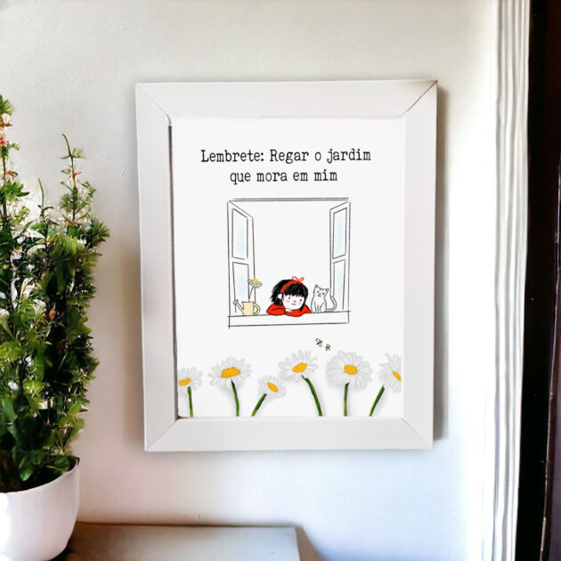 Azulejo decorativo com a frase Lembrete: Regar o jardim que mora em mim com o desenho de uma menina na janela e seu jardim de margaridas