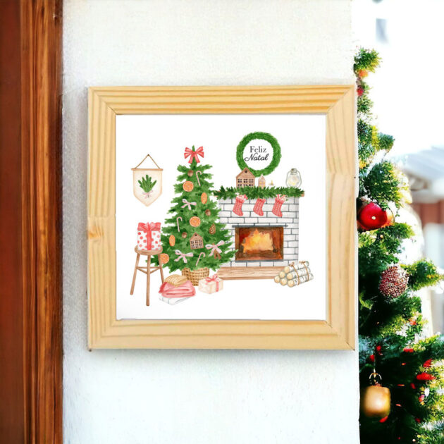 Azulejo decorativo de Natal com desenho de uma sala decorado com árvore de Natal e lareira  - Coleção Sonho de NatalAzulejo decorativo de Natal com desenho de uma sala decorado com árvore de Natal e lareira  - Coleção Sonho de Natal