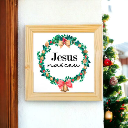 Azulejo decorativo de Natal Guirlanda com a frase Jesus Nasceu - Coleção Sonho de Natal