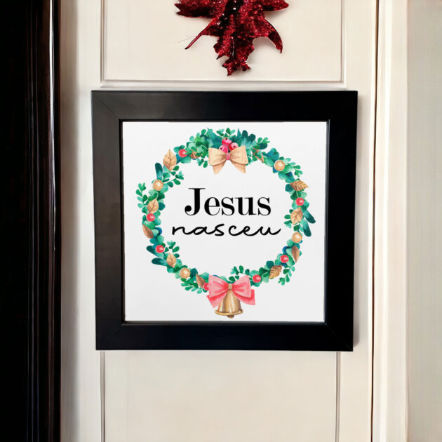 Azulejo decorativo de Natal Guirlanda com a frase Jesus Nasceu - Coleção Sonho de Natal