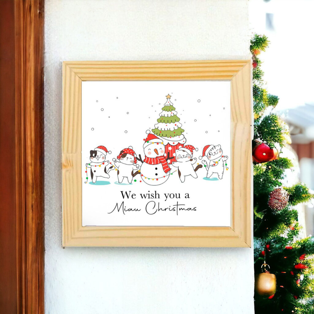 Azulejo decorativo de Natal com desenho de gatinhos com a frase We wish you a Miau Christmas 