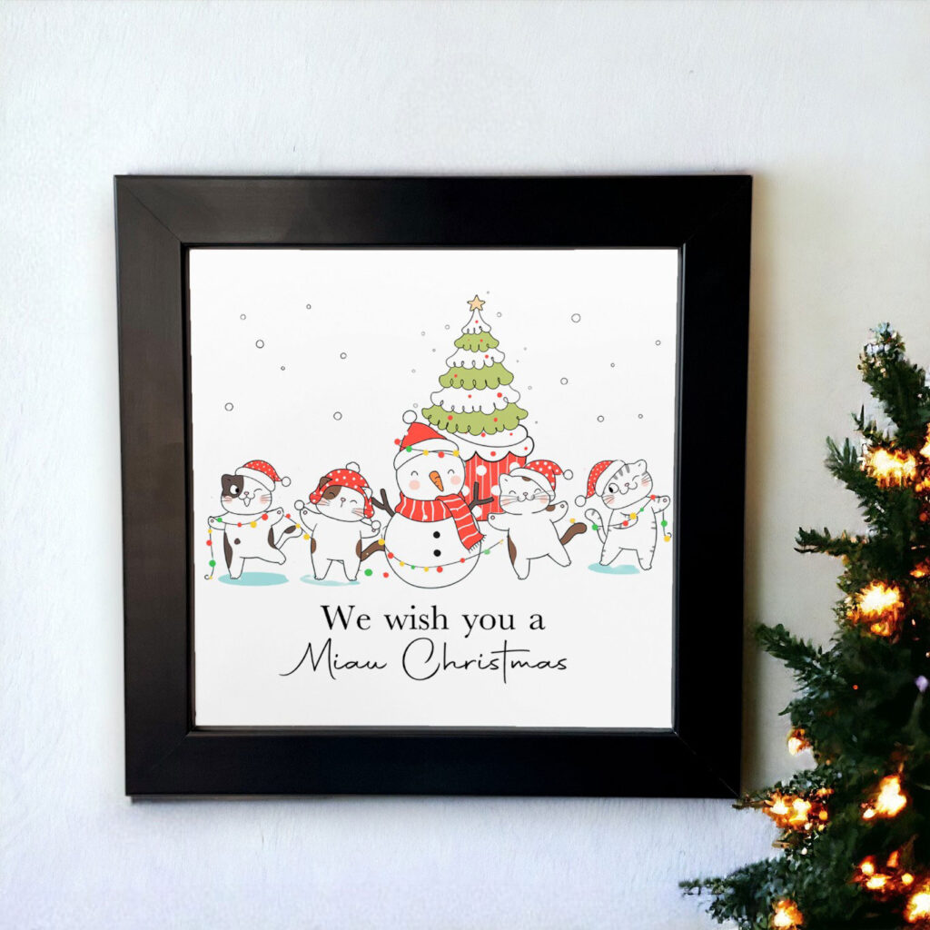 Azulejo decorativo de Natal com desenho de gatinhos com a frase We wish you a Miau Christmas 