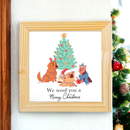 Azulejo decorativo de Natal com desenho de cachorrinhos com a frase We woof you a Merry Christmas - Coleção Sonho de Natal