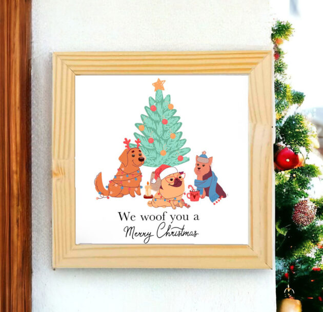 Azulejo decorativo de Natal com desenho de cachorrinhos com a frase We woof you a Merry Christmas - Coleção Sonho de Natal