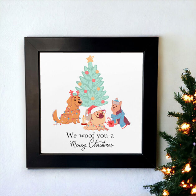 Azulejo decorativo de Natal com desenho de cachorrinhos com a frase We woof you a Merry Christmas - Coleção Sonho de Natal