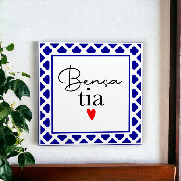 Azulejo decorativo com a frase Bença tia- Com desenho de azulejo Português - Presente para tia