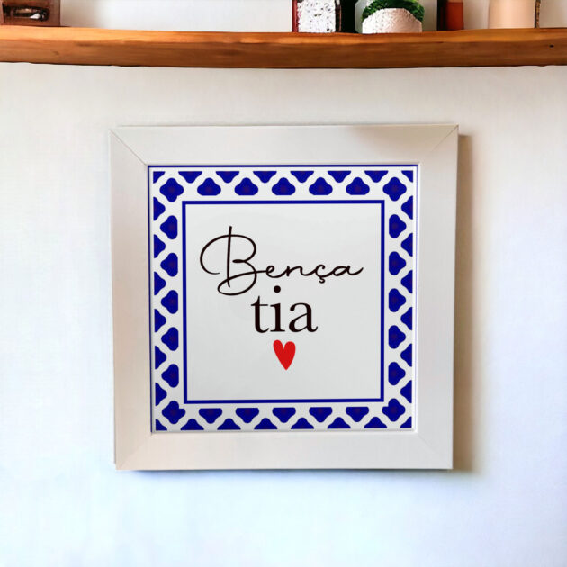 Azulejo decorativo com a frase Bença tia- Com desenho de azulejo Português - Presente para tia