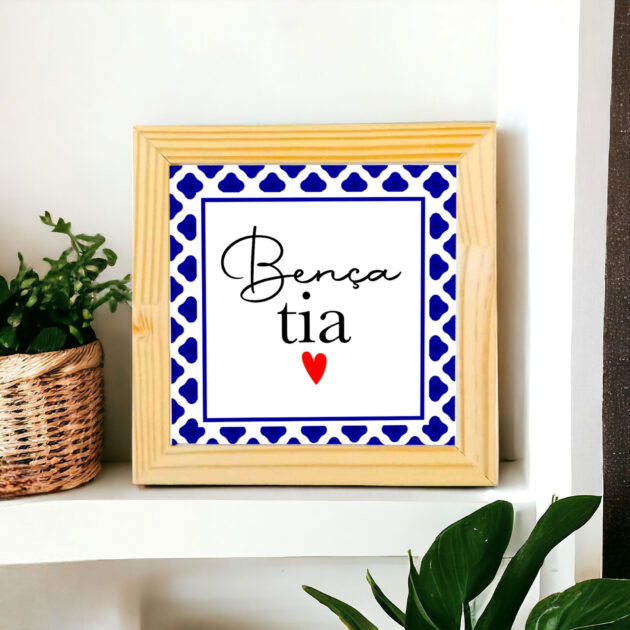 Azulejo decorativo com a frase Bença tia- Com desenho de azulejo Português - Presente para tia