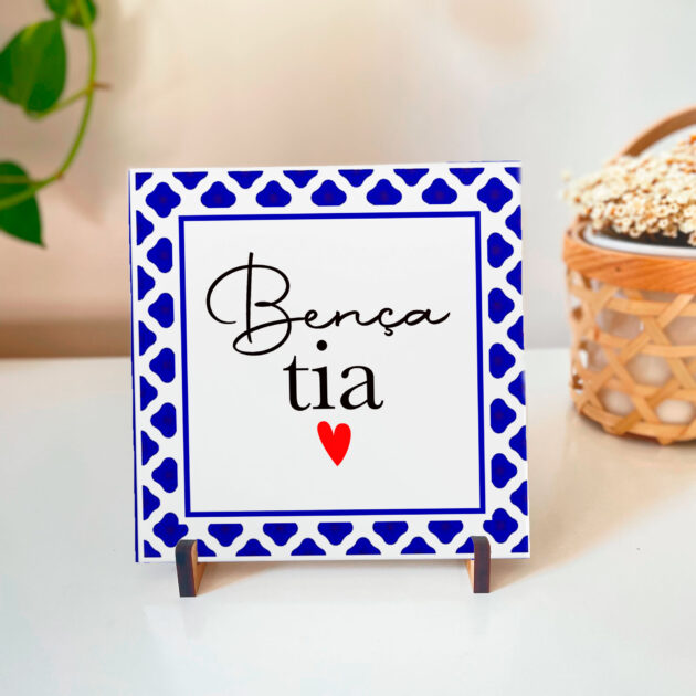 Azulejo decorativo com a frase Bença tia- Com desenho de azulejo Português - Presente para tia