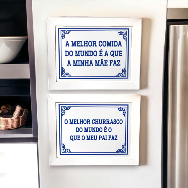 Conjunto de azulejos decorativos para presentear com as frases A melhor comida do mundo é a que a minha mãe faz e O melhor churrasco do mundo é o que o meu pai faz  - Coleção Portugal Azulejo Português