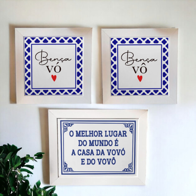 Conjunto de azulejos decorativos com a frase Bença Vó; Bença Vô e O melhor lugar do mundo é a casa da vovó e do vovô - Presente para avós