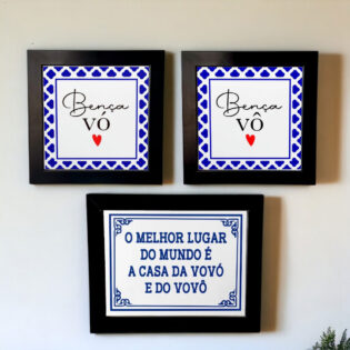 Conjunto de azulejos decorativos com a frase Bença Vó; Bença Vô e O melhor lugar do mundo é a casa da vovó e do vovô - Presente para avós