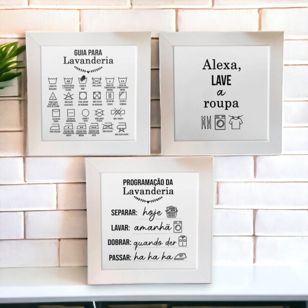 Kit com três azulejos decorativos para lavanderia com as frases Guia para Lavanderia, Alexa, lave a roupa e Programação da Lavanderia