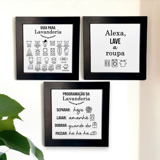 Kit com três azulejos decorativos para lavanderia com as frases Guia para Lavanderia, Alexa, lave a roupa e Programação da Lavanderia